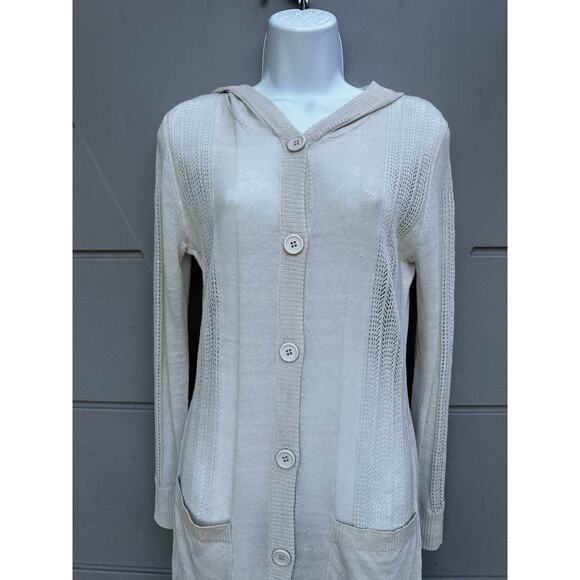 Dolce Cabo Crochet Button Front Linen Blend Hooded Duster Cardigan Sz S Oatmeal - Picture 2 of 11